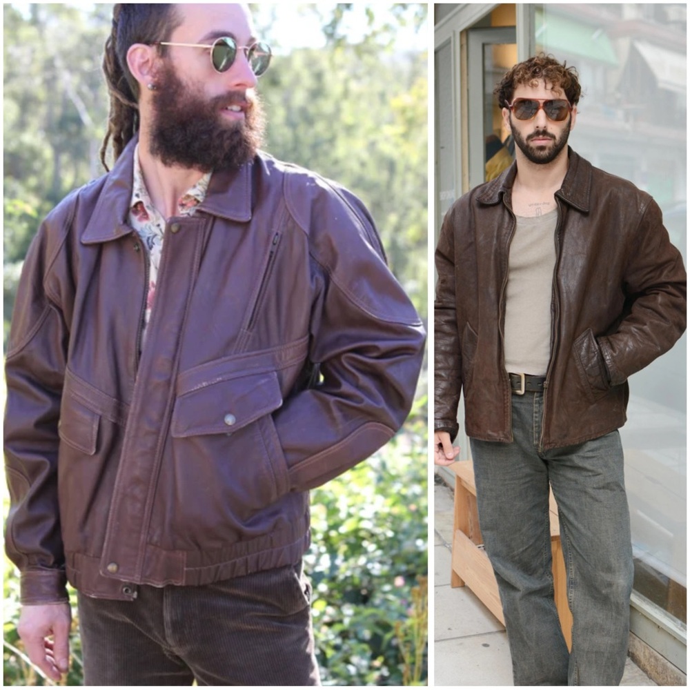 Vintage Brown Leather Bomber Jacket